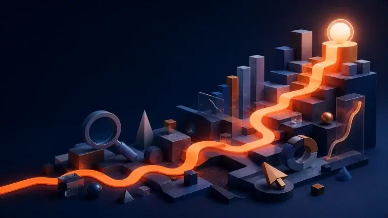 bstrakte 3D-Visualisierung einer Website-Struktur zur Optimierung der Marketing-Strategie und Conversion-Rate